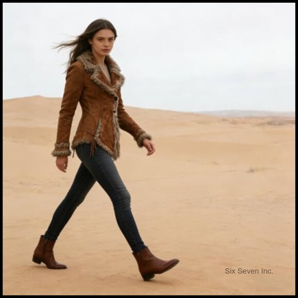 Retro Faux Leather Jacket with Faux Fur Lapel Collar Slim Fit - Picture 6 of 7